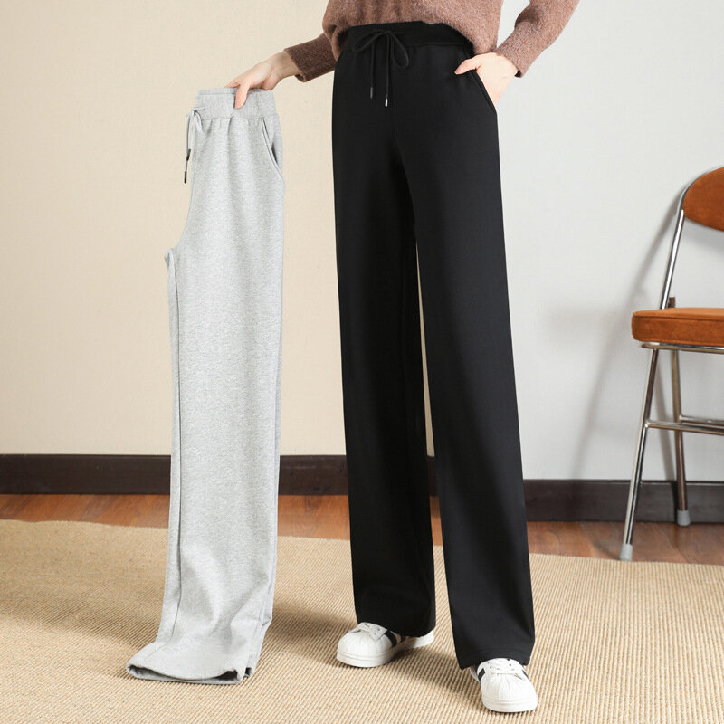Pantalon de sport à cordon de serrage, taille haute élastique, ample, droit, jambes larges, décontracté, printemps et automne