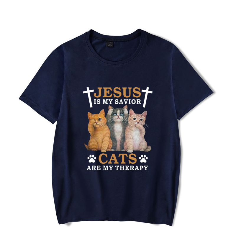 Jesus Is My Savior Cats Are My Therapy Print Mens T Shirts Clothing Oversized T Shirt Anime Manga Tshirt Top Tees Vetement Homme