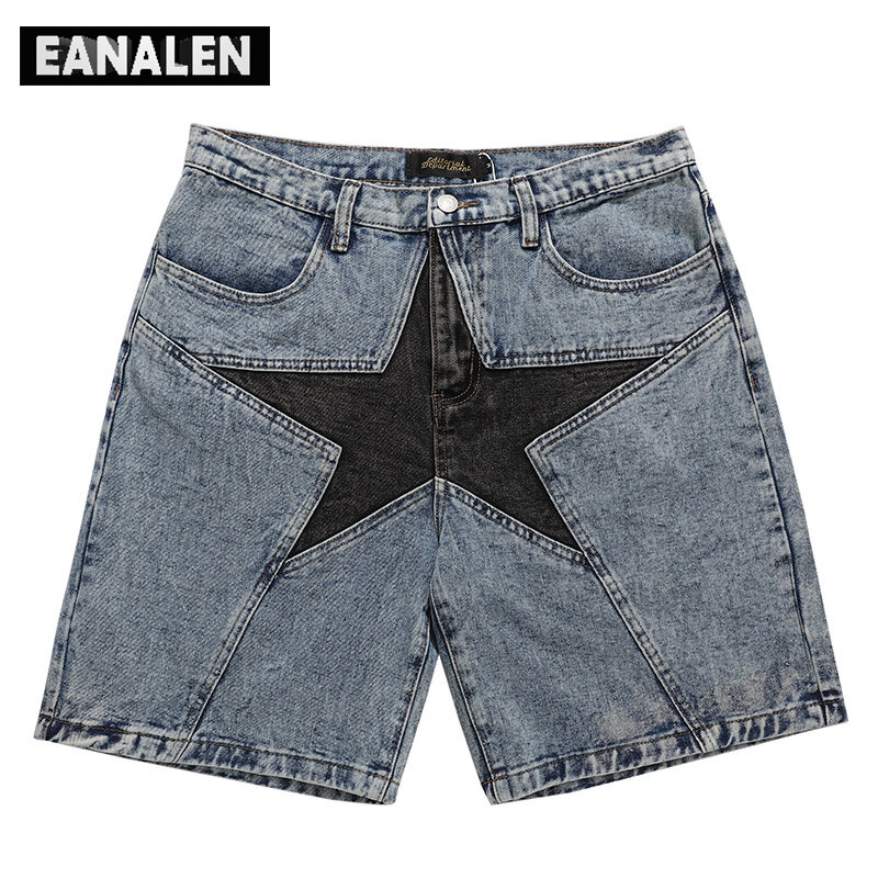 Harajuku เย็บ Star Denim กางเกงขาสั้นผู้ชายสบายๆแฟชั่น Punk Rock Hip Hop Streetwear Tech กางเกงแฟชั่น Grunge