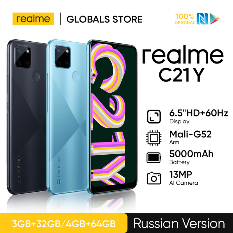 Realme C21Y Phiên Bản Tiếng Nga 3GB 32GB / 4GB 64GB Điện Thoại Thông Minh Bộ Xử Lý Octa-core 6.5Inch màn Hình HD 5000MAh Lớn Pin