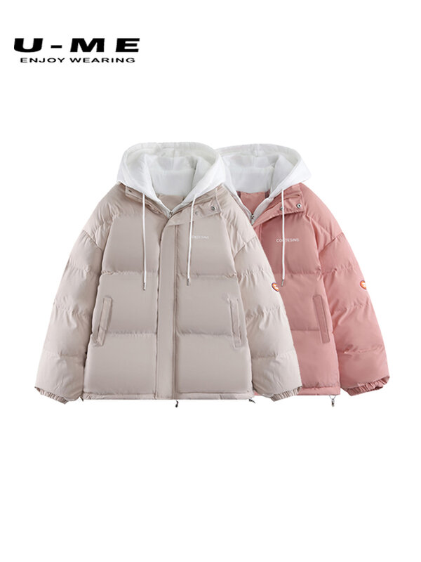 Inverno com capuz de algodão jaqueta feminina 2022 moda coreana solto grosso quente parkas falso 2 peça algodão-acolchoado casacos roupas de algodão