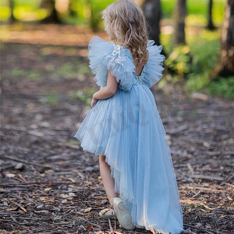 Mono niebieskie perły dziewczęca sukienka w kwiaty tiul maluch dzieci Couture kwiatowe urodziny wesele sukienki kostiumy pierwszy Comunion