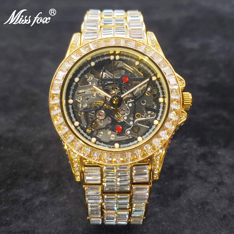 Marca de luxo 18k real ouro relógio masculino mecânico automático gelo relógio para homem completo diamante esqueleto oco rubi jóias