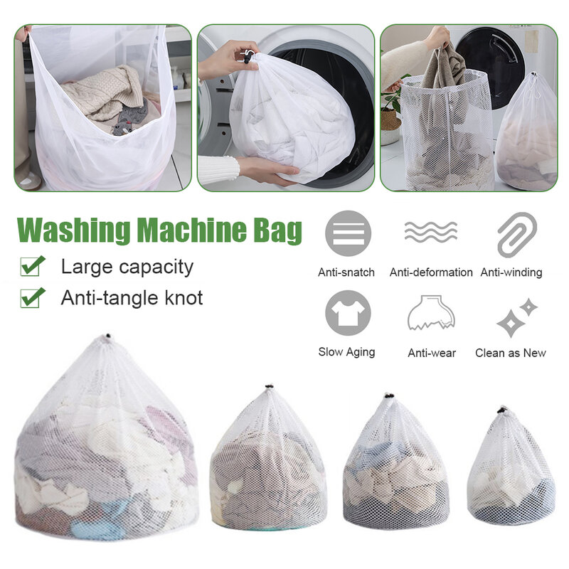 Bolsa de lavandería de malla fina/gruesa, 4 tamaños, reutilizable, con cordón, lavable, para el hogar