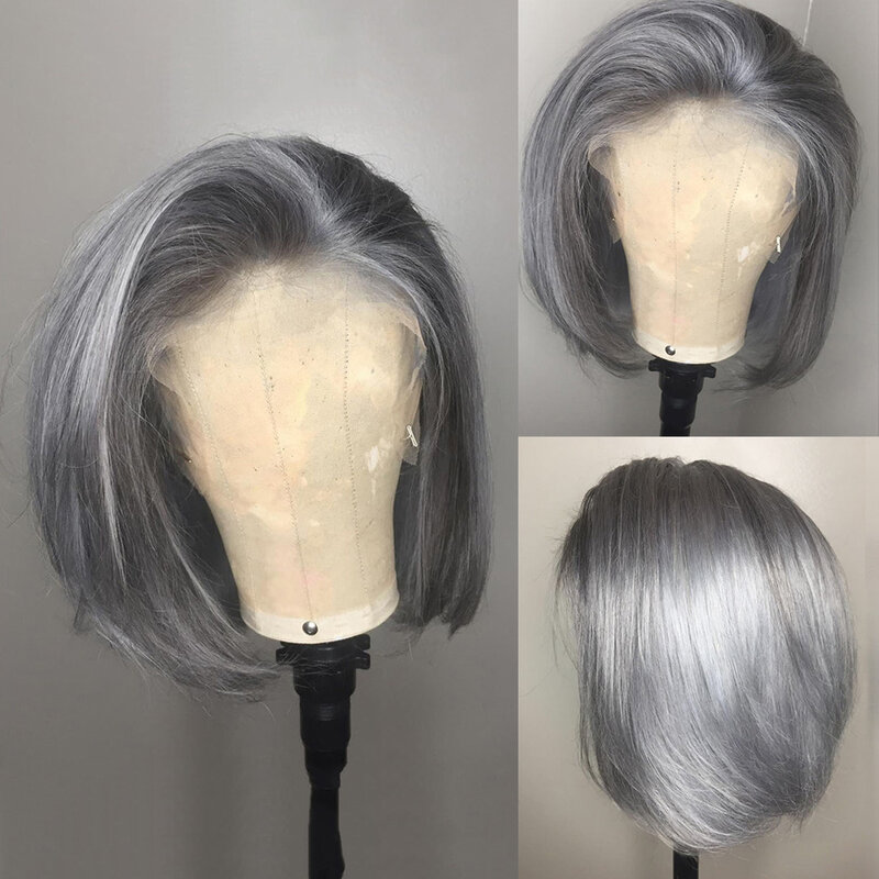 Platinum ash loira sedoso em linha reta cinza 12-16 polegada curto bob perucas sintéticas do laço da parte dianteira para preto cabelo de fibra de calor cosplay