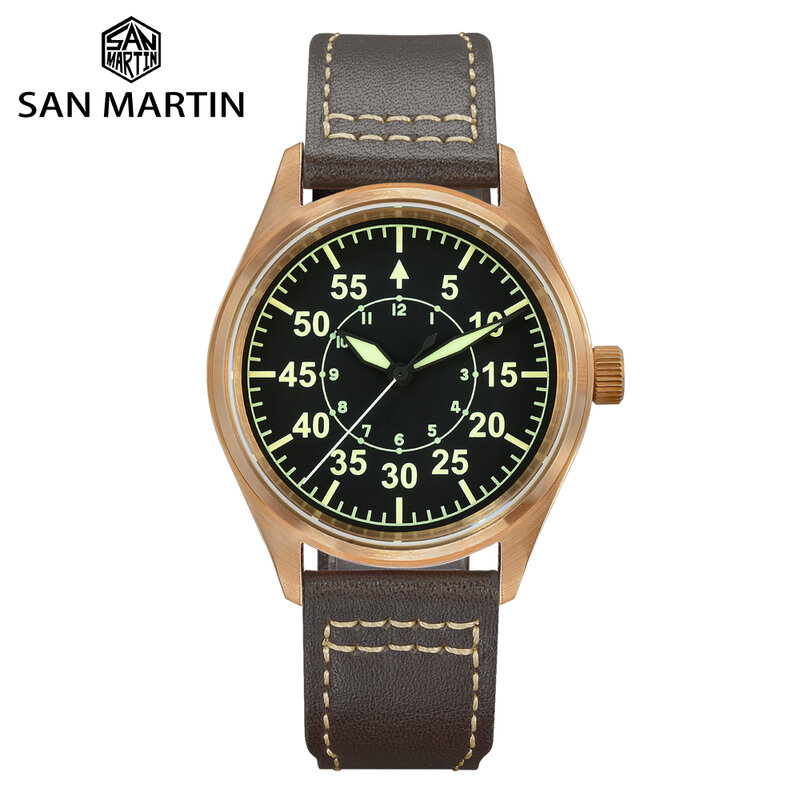 San Martin Bronze Pilot Watch Military YN55A Retro Simple Style Mens Automatic Mechanical Watches Leather Strap 20Bar Luminous
