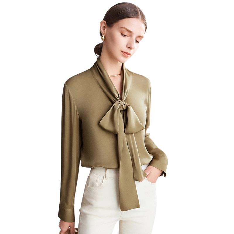 Office Women 93% Silk 7% Spandex Solid Shirt Female Long Sleeve Bow Collar Chic Blouse Spring Fashion Solid Casual Top For Woman