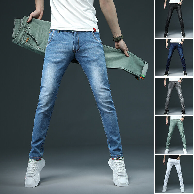 7 farbe Männer Stretch Dünne Jeans Mode Lässig Slim Fit Denim Hose Männlich Grau Schwarz Khaki Weiß Hosen Marke