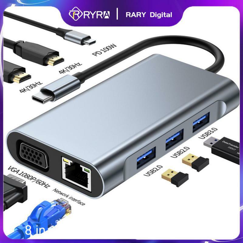 Ryra 8 in 1 usb c hub typ c bis 4k hdmi adapter mit vga rj45 100mbp pd schnell ladung für macbook notebook laptop computer adapter