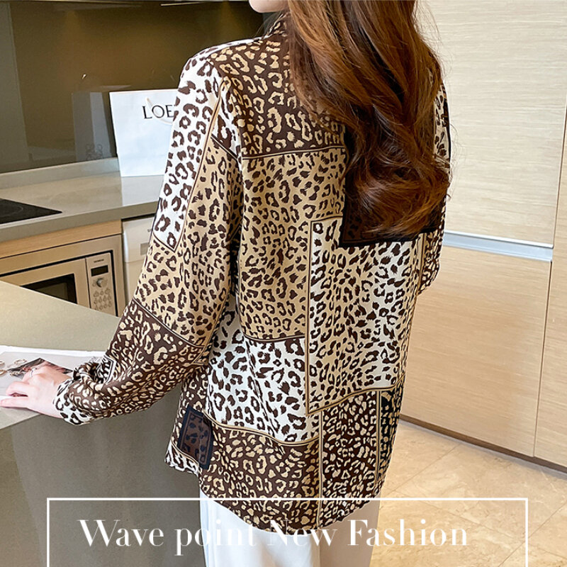 Long Sleeve Leopard Print Stitching Blouses Shirt Women's Top Chiffon Blouses Office Lady Button Up Shirts Blusa Feminina 601B