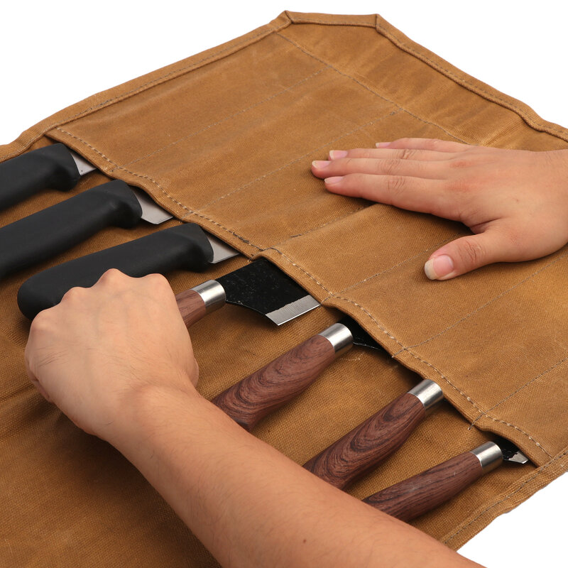 Tourbon Вощеная парусиновая сумка для инструментов (7 слотов), рулон ножей, портативный органайзер для инструментов для шеф-мастерской, деревообработки