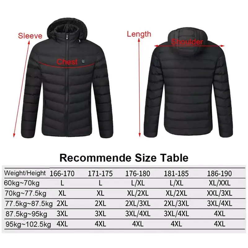 Men 9 Place Heated Winter Warm Jackets USB Heating Padded Jackets Smart Thermostat Pure Color Hooded Heated Clothing Waterproof
