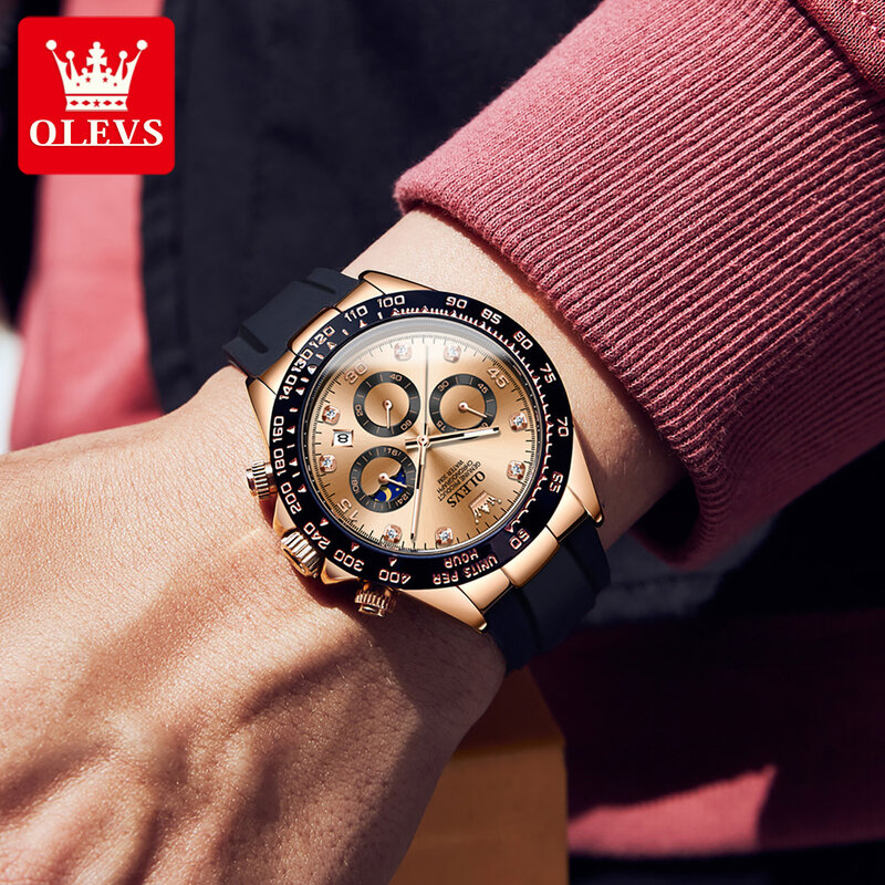 OLEVS-Reloj de pulsera multifuncional para hombre, cronógrafo de cuarzo, resistente al agua, con correa de silicona, estilo novedoso, Daytona