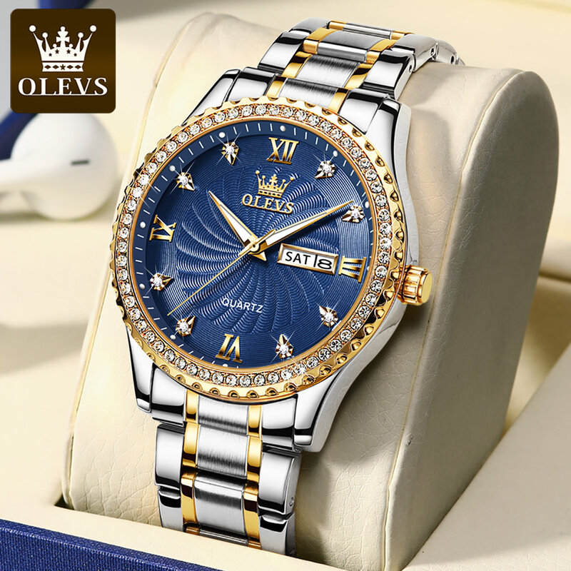 OLEVS Waterproof Business Men Wristwatches Quartz Stainless Steel Strap Golden Diamond-encrusted Luxury Watches for Men Luminous