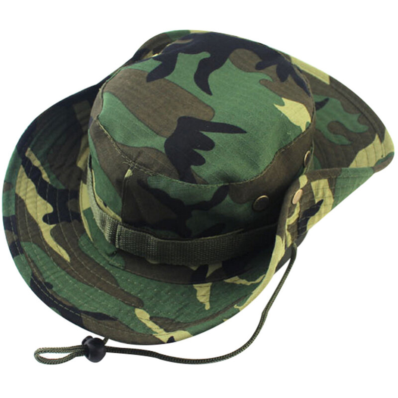 Moda militar balde de camuflaje sombreros selva camuflaje pescador sombrero con ala ancha sol pesca sombrero de algodón Tapas