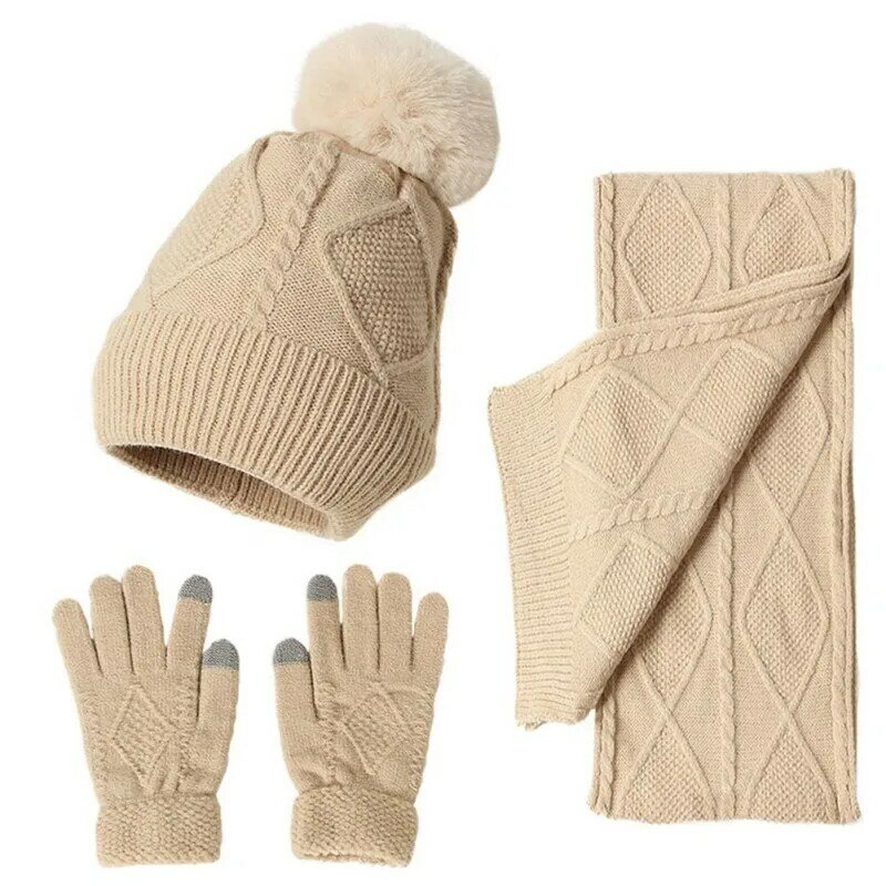 Traje térmico de Invierno para mujer, conjunto de gorro, bufanda y guantes de Color sólido, gorro de calavera de punto grueso y cálido, conjunto de 3 piezas