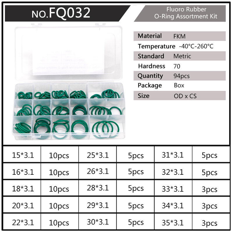 94PCS/box Fluorine Rubber FKM High Pressure Sealing O-rings Green Seal Gasket Replacements Kit 15 Big Sizes OD 15mm-35mm CS1mm
