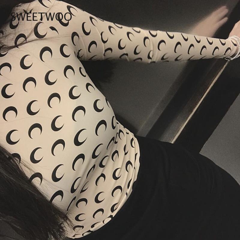 เสื้อผ้าผู้หญิงเซ็กซี่ผู้หญิงแขนยาว Top Graphic Tee เสื้อ Tunics Koszulka Crescent New Moon พิมพ์ผู้หญิงเสื้อยืด2022