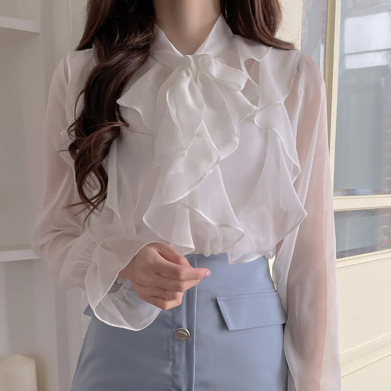 Женская шифоновая рубашка с оборками, повседневная однотонная блузка с длинным рукавом, модель 90B, 2022