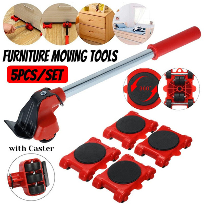 Free Shipping 5Pcs Set Furniture Lifter Heavy Duty Furniture Mover Transport Moving System 4 Movers Rollers 1 Wheel Bar
