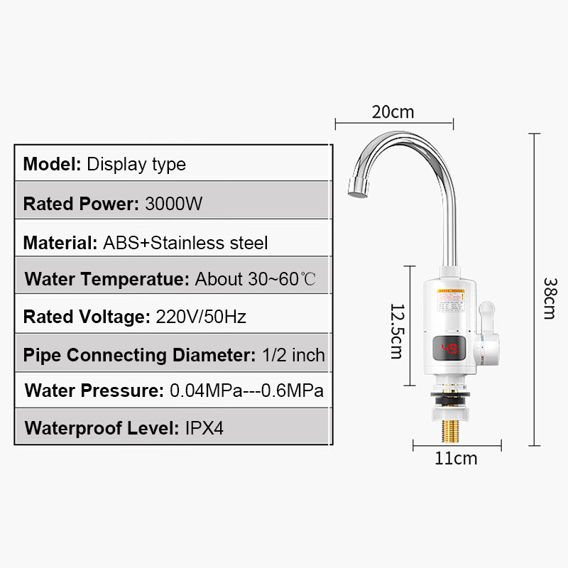 Temperatur Display 3000W Instant Elektrische Dusche Wasserhahn Bad Küche Tankless Sofortige Heizung Heißer Durchlauferhitzer Wasserhahn EU