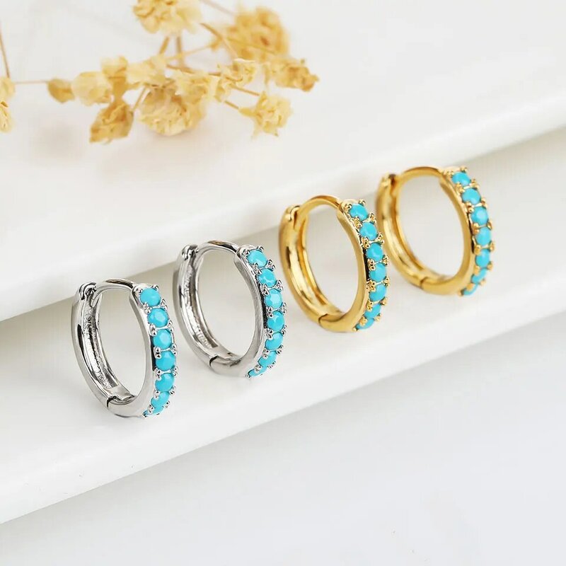 Poulisa Trend Geometric Cubic Zircon Circle Blue Color Hoop Earrings for Women Anniversary Gift Piercing Earring Fashion Jewelry