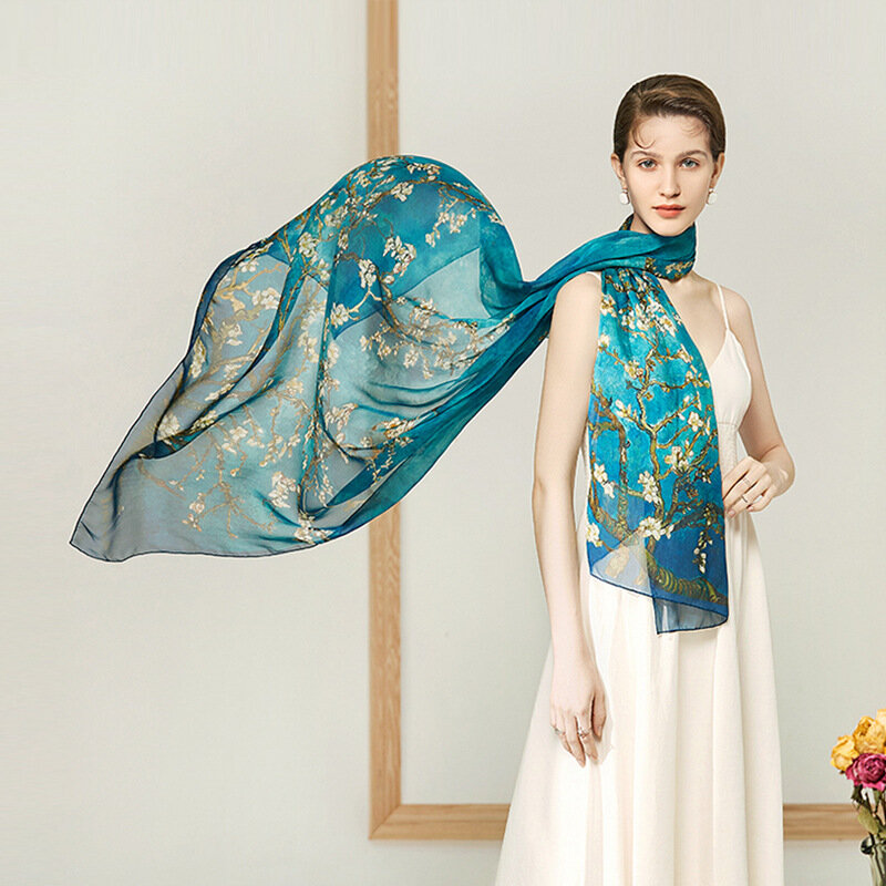 100% Mulberry Silk Scarf for Women Chiffon Long Scarves Luxury Lady Shawl Head Wrap Bandana for Summer