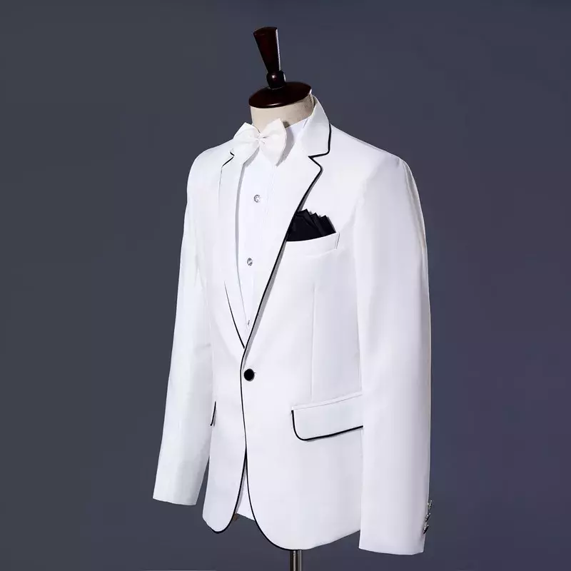 Ternos masculinos vestidos de palco branco e preto laços masculino terno magro regular casaco calças branco único breasted inteligente casual