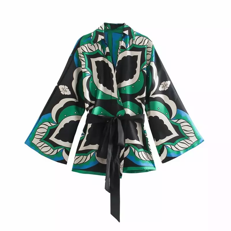 Kimono imprimé Vintage pour femmes, couleur contrastée, feuilles, Blouse, Chic, ceinture à nœud, Cardigans, chemises, Tops