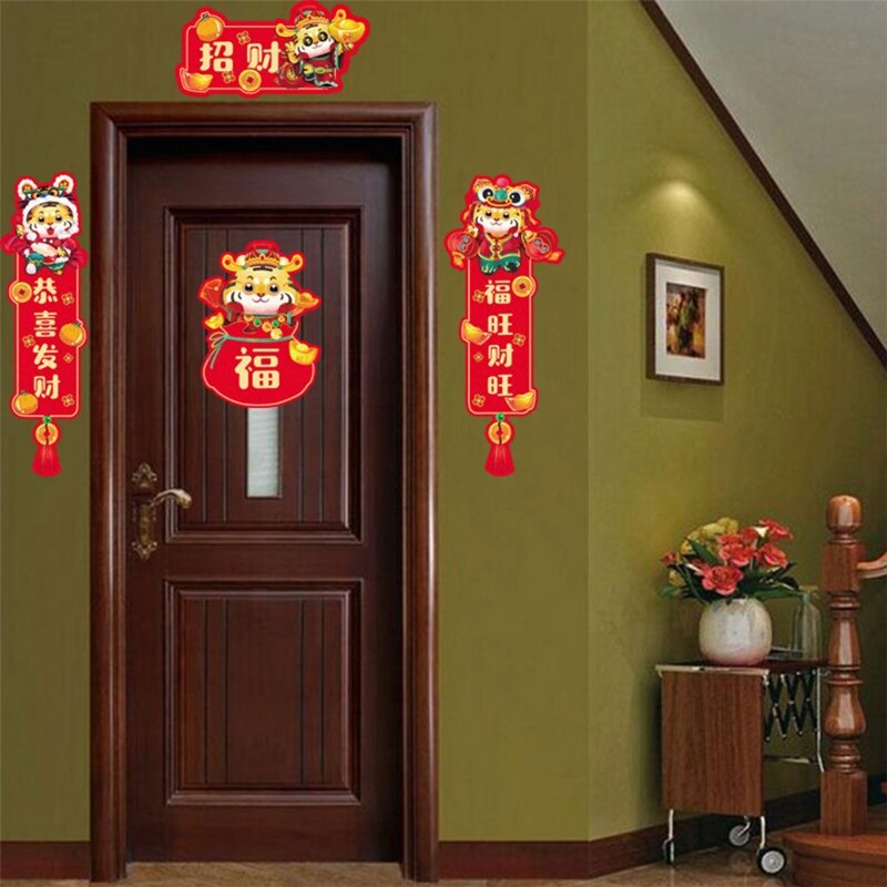 Kit de decoración de Año Nuevo Chino, pegatinas de puerta y ventana de tigre Fu, conjunto de pancartas, decoraciones de fiesta de Festival de Primavera, 2022