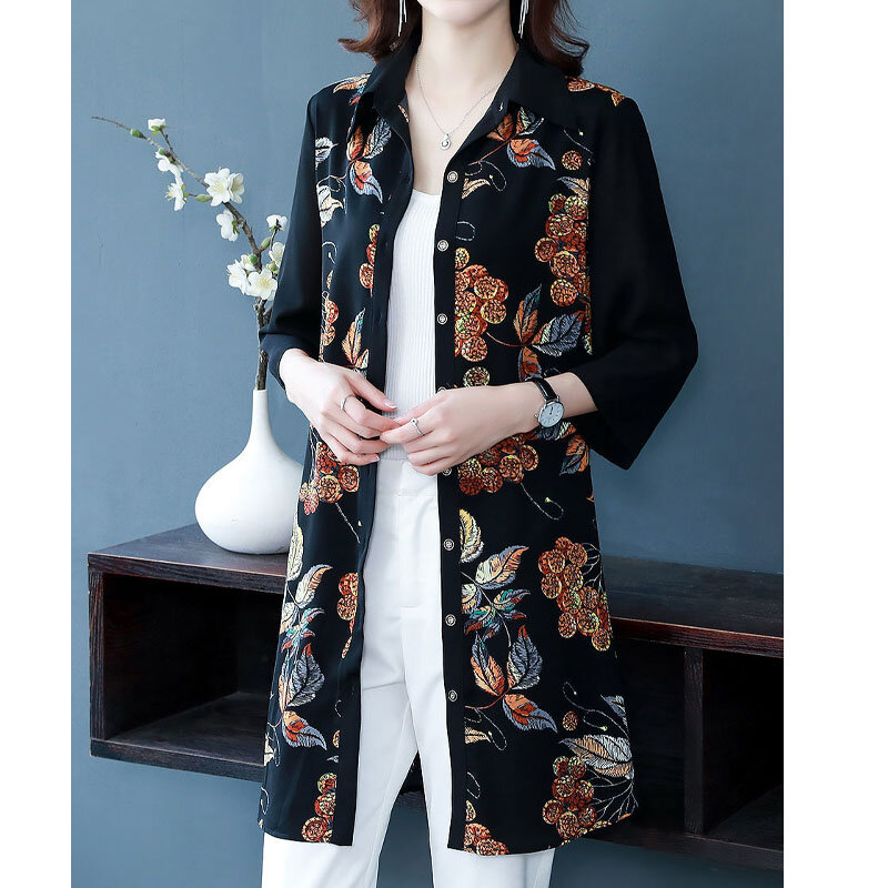 Pakaian Wanita Fashion Polo-Neck Kemeja Motif Midi Blus Sifon Kancing Sebaris Kasual Wanita Musim Panas Vintage Lengan 3/4