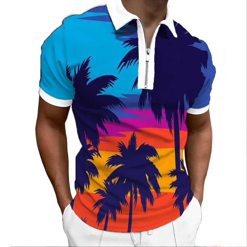 2022 Summer Men's POLO Shirts Hawaiian Beach Print Casual T-Shirts Men's Fashion 2022 New Style Zipper Decorative Short Sleeves