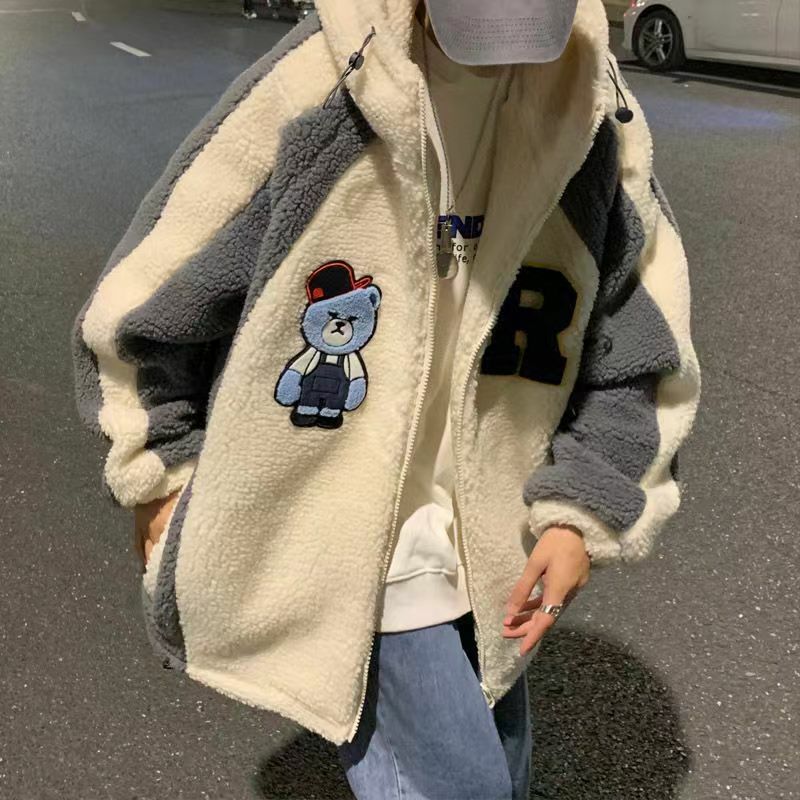 Inverno novo quente retro xadrez casaco de lã de cordeiro feminino personalidade rua casual com capuz solto falso casaco de duas peças feminino