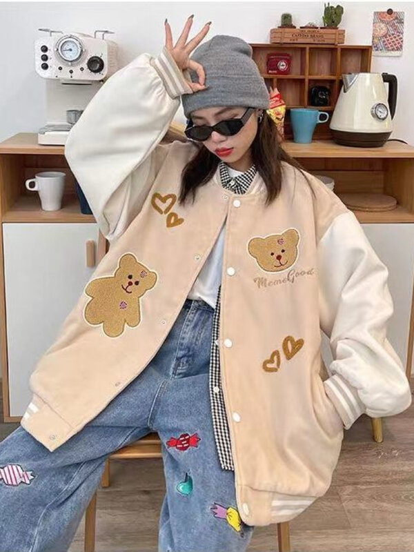 Kawaii girls cute baseball uniform coreano Harajuku Cartoon Bear giacca ricamata 2022 autunno allentato giacca casual top da donna