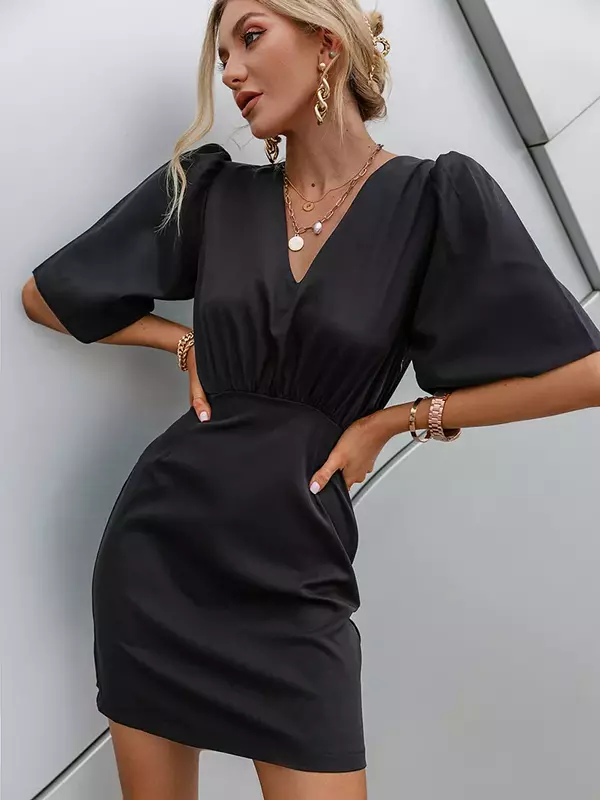 Vestido Vintage negro de encaje con cuello de peter pan para mujer, minivestido holgado de cintura alta con cuello en V y mangas abullonadas