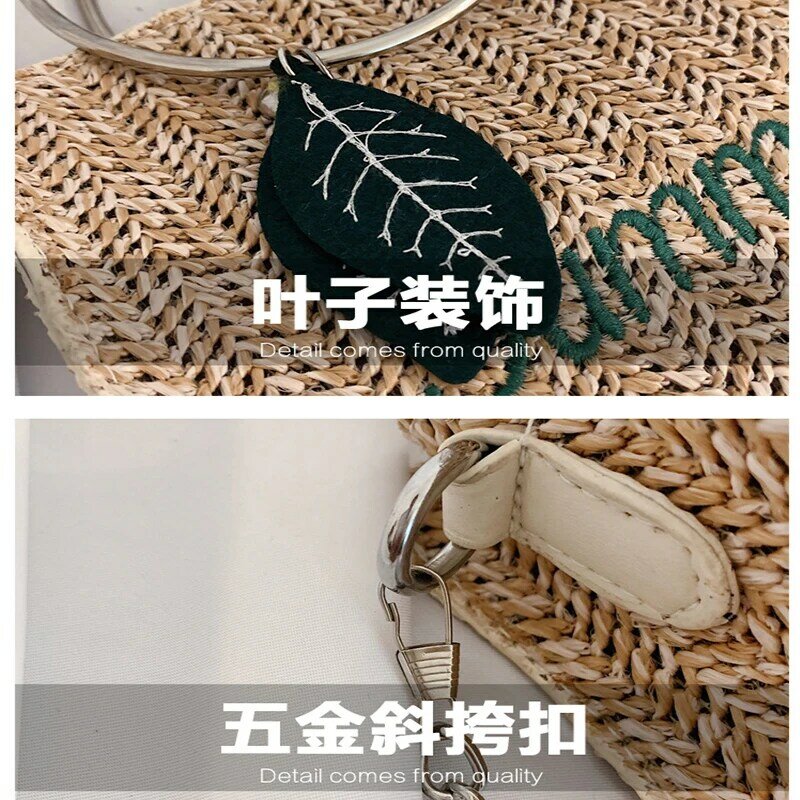 Qiaosansan bolsa feminina designer nova moda palha tecelagem fresco e simples ombro tote saco de metal círculo alça