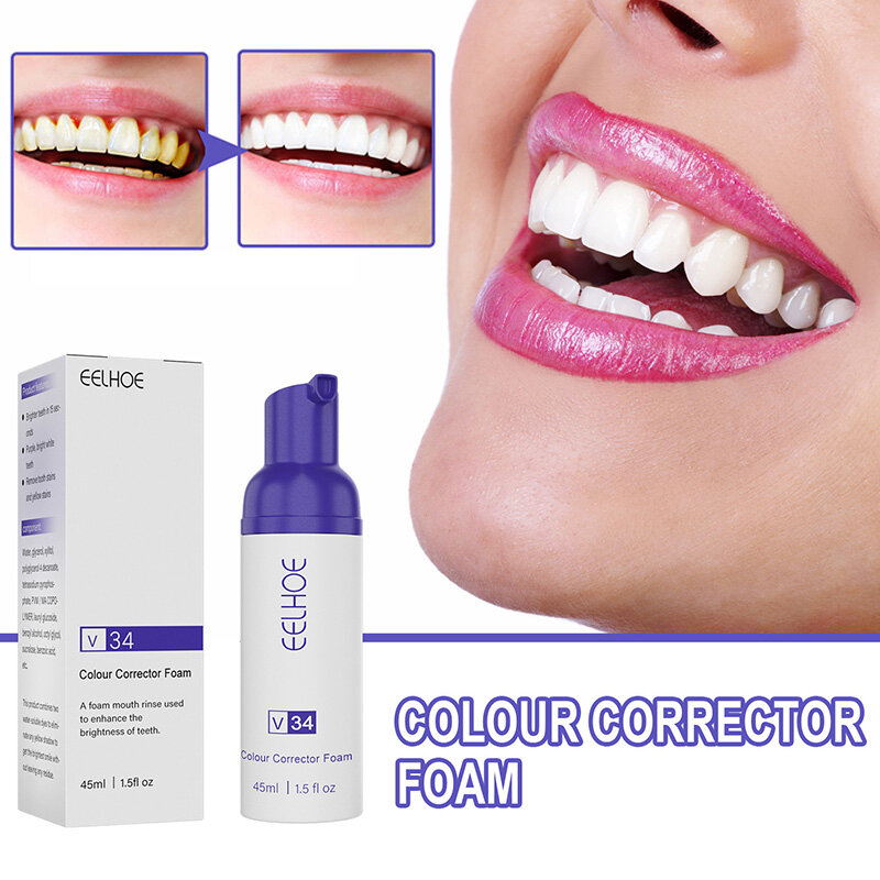 V34ทำความสะอาดยาสีฟันฟัน Whitening Foam Brightening Color Corrector ฟัน Oral Care ยาสีฟันสูตรเกลือผสมฟลูออไรด์ผสานพลังสมุนไพ...