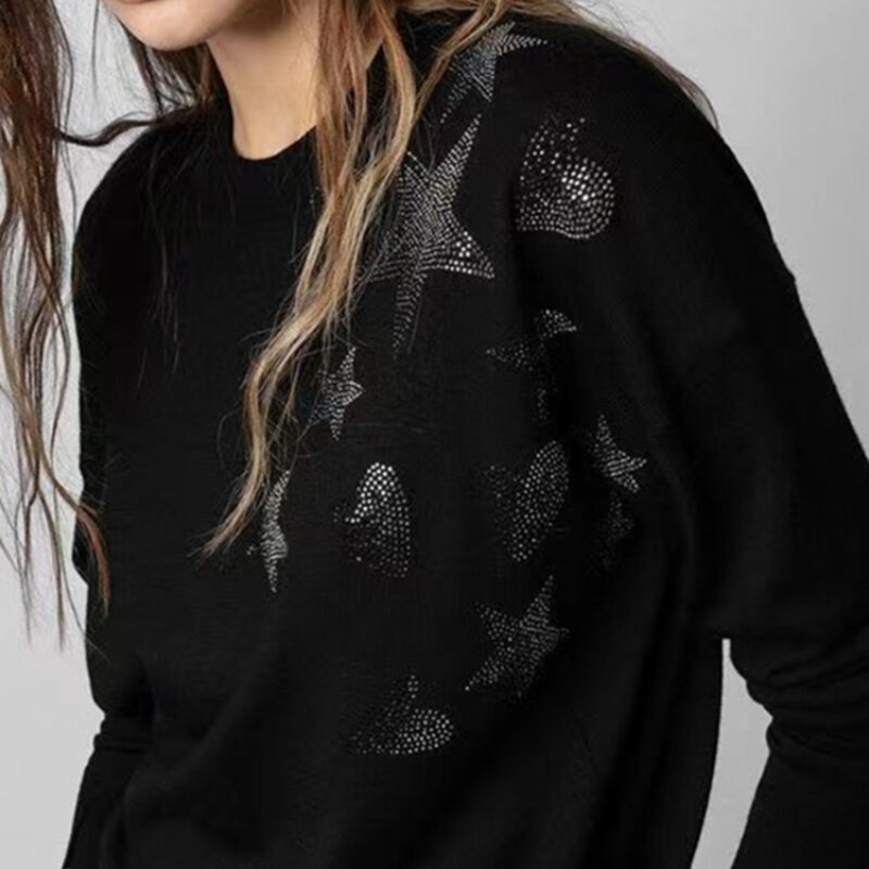 100% кашемировый женский классический свитер со звездами в форме сердца популярный черный джемпер с бриллиантами женский топ с круглым вырез...