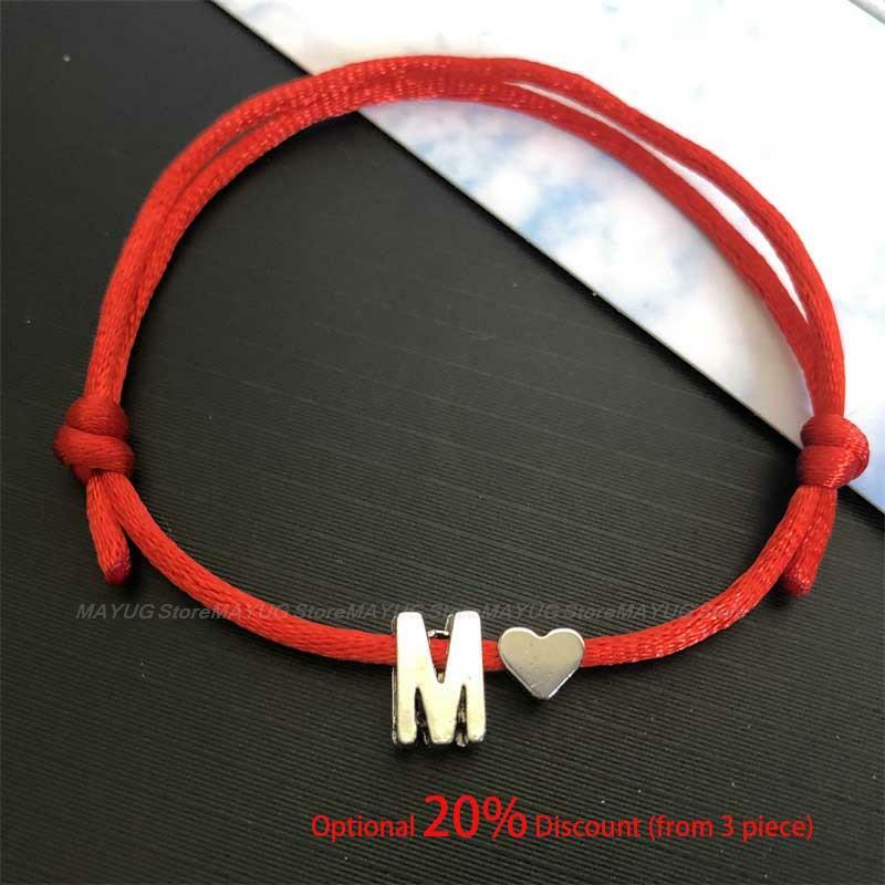 Bracelet porte-bonheur avec initiales en forme de petit cœur pour femme et homme, breloque porte-bonheur, corde rouge, couleur argent, cadeau, vente en gros