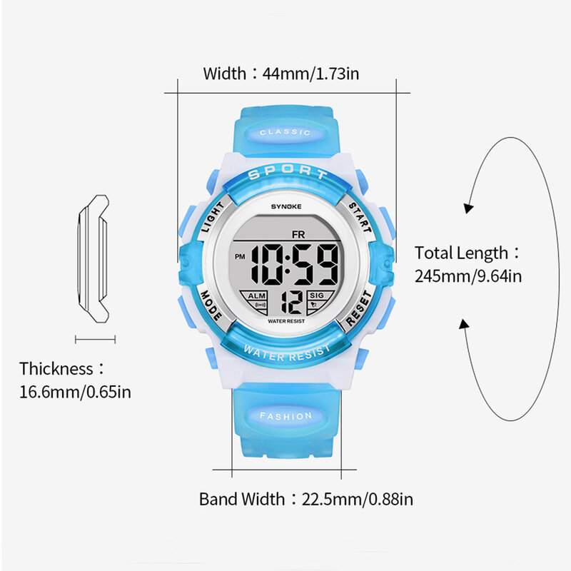 Synke-子供用デジタル時計,50m防水時計,青,スポーツ,学生,男の子,女の子へのギフト