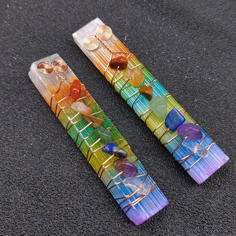 1pcs Irregular Aura Selenite Stick Wand Wire Wrapped Colorful Yoga Chakra Bar 7 Meditation Square Stones T3A1