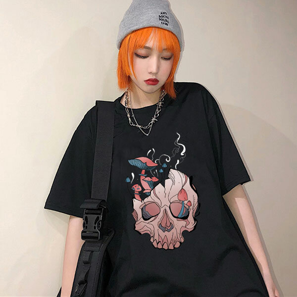 Oversized T-shirt Women's Clothing Gothic Women T-shirt Skull Mushroom Print Tshirt Harajuku Short Sleeve Woman Tshirt Black Tee