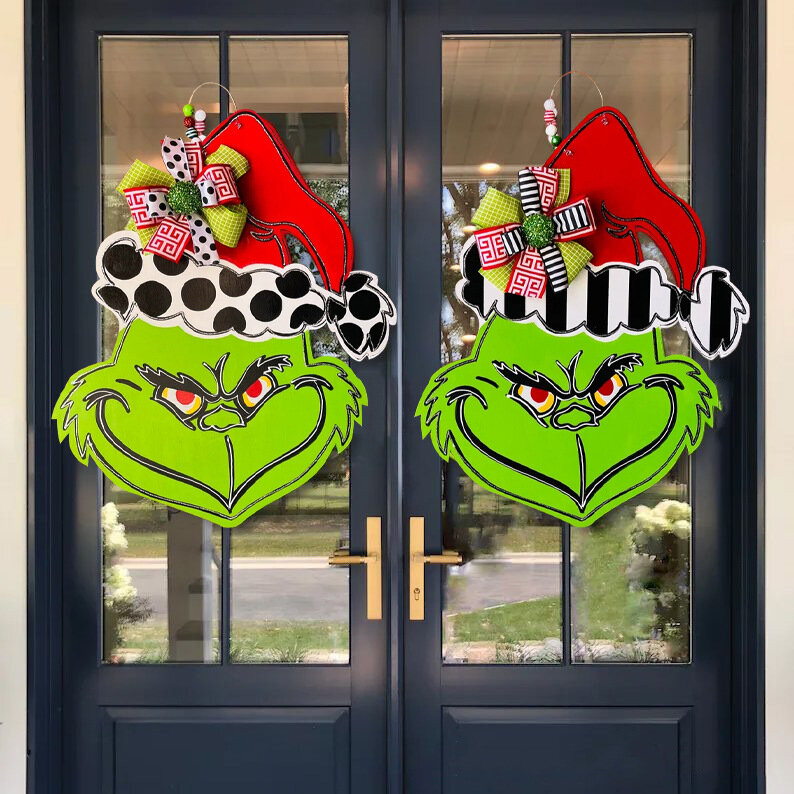 Nuovo Grinch decorazione natalizia ciondolo ghirlanda appeso creativo in legno appeso segno di benvenuto decorazione della porta di casa