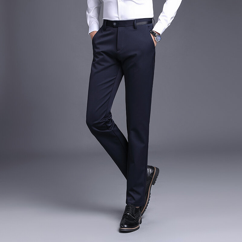 Calças masculinas para a primavera e o outono calças de lazer soltas em linha reta terno de negócios elástico não-roupa de engomar calças masculinas