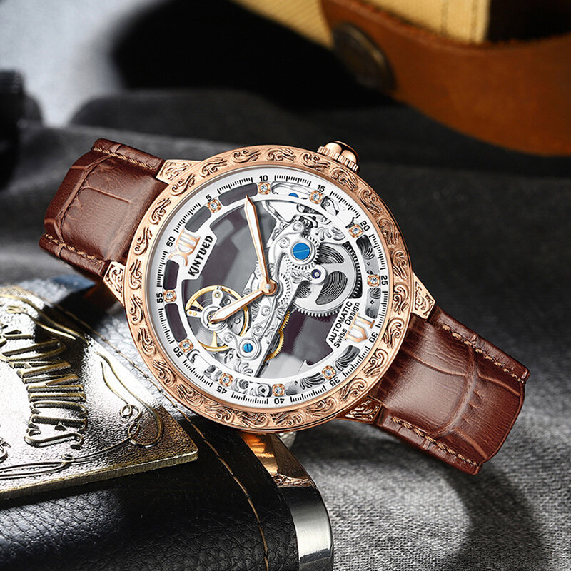 Kinyued 남성용 자동 기계식 시계, 최고 브랜드 럭셔리 남성 시계, 스켈레톤 스포츠 남성 손목 시계