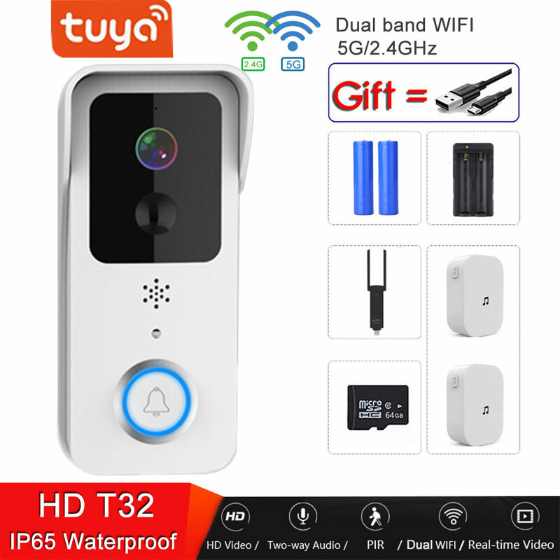Timbre de puerta con vídeo Tuya 5G para exteriores, timbre de puerta inalámbrico con WiFi Dual, impermeable IP65, batería, intercomunicador, cámara de teléfono para puerta de casa inteligente, 2022