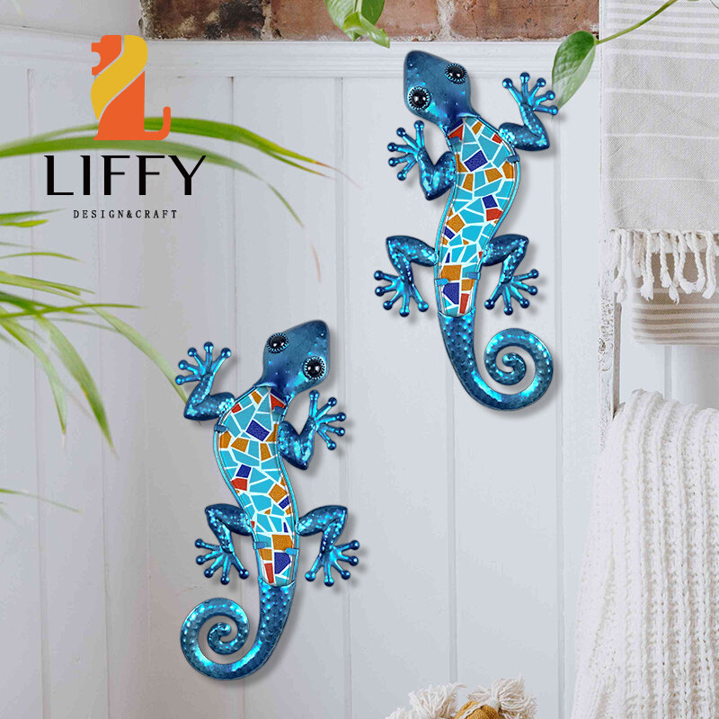 Gecko-mosaico azul para decoración del hogar, escultura, estatua, colgante bonito, para sala de estar, dormitorio y oficina, 2 piezas