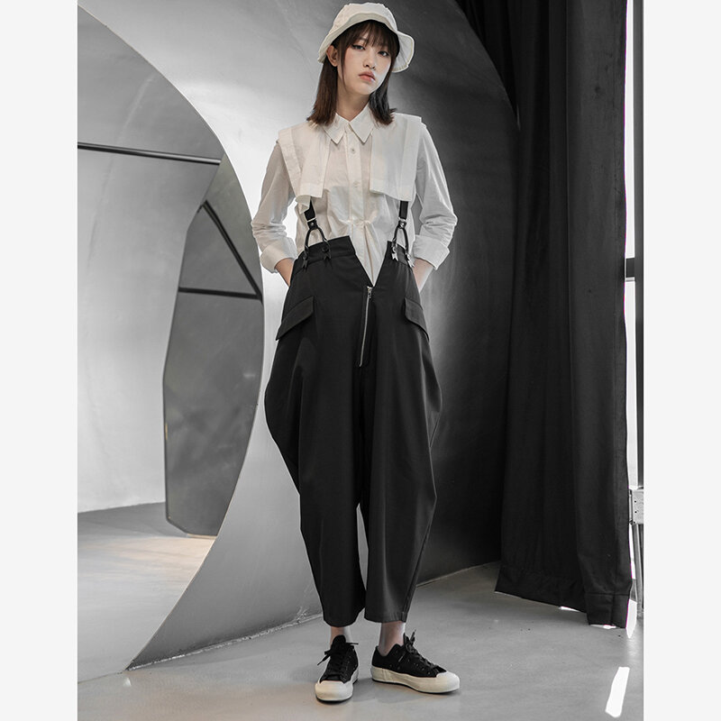 Neue Frühjahr Frau Solid Black Beiläufige Breite Bein Einzigartige Streetwear Lange Overalls Hosen Japanischen Stil Overall Gurte Hosen apw35
