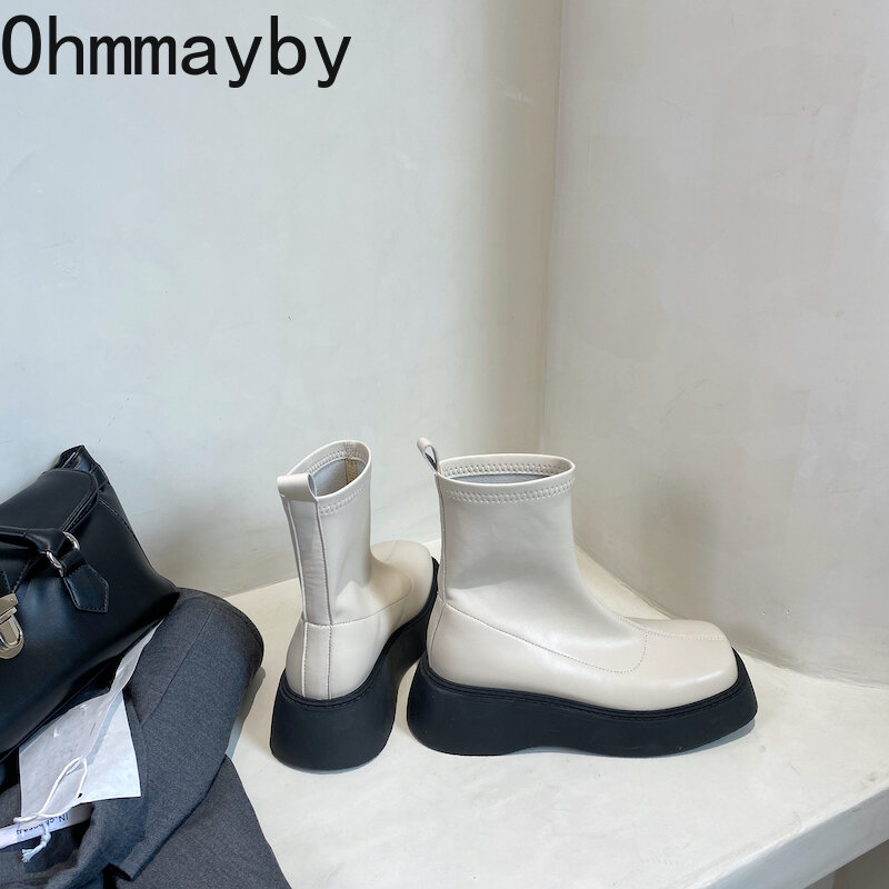 Sepatu Bot Pendek Wanita Musim Gugur Chelsea Sepatu Bot Pergelangan Kaki Hak Datar Sol Tebal Fashion Wanita Musim Dingin Botas Femininas