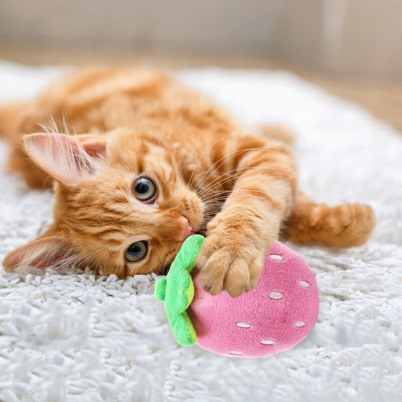 Bonito pelúcia morango recheado dos desenhos animados brinquedo do gato squeaky morango quebra-cabeça para o gatinho mastigar interativo guinchador brinquedo para o produto do animal de estimação